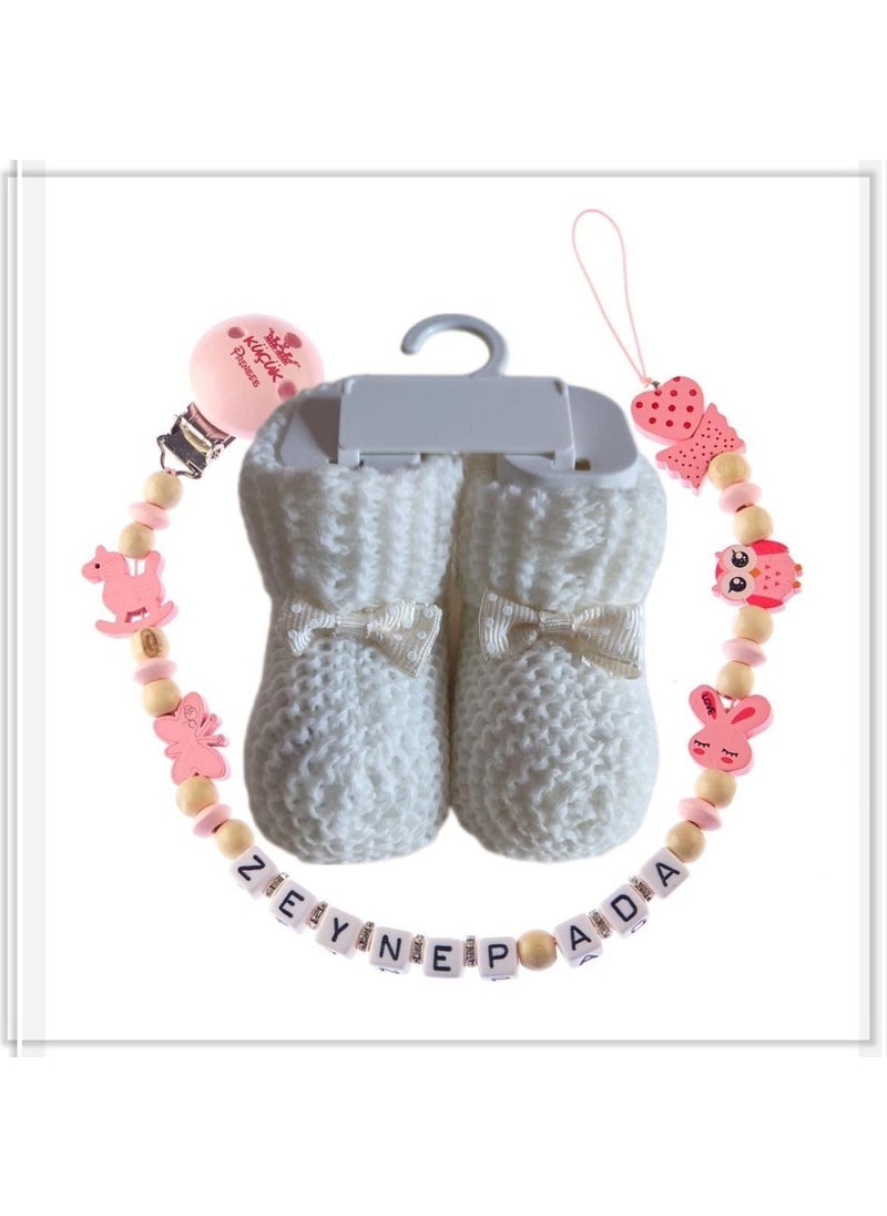 Named Baby Pacifier Chain and White Color Booties Set - SAHI_0541