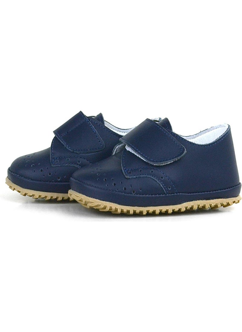 Genuine Leather Navy Blue Velcro Baby Booties Shoes