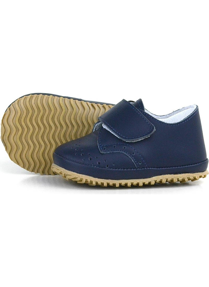 Genuine Leather Navy Blue Velcro Baby Booties Shoes