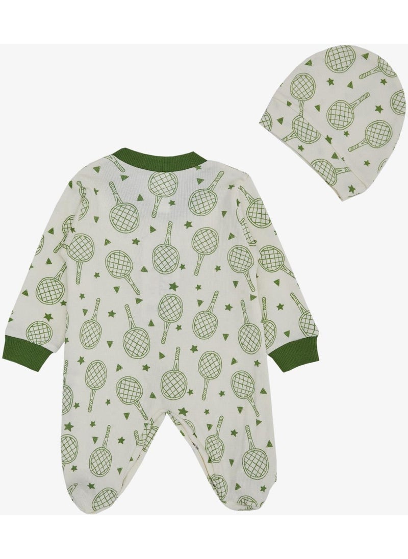 Baby Boy Booties Jumpsuit Sports Themed Racket Patterned 0-6 Months, Ecru
