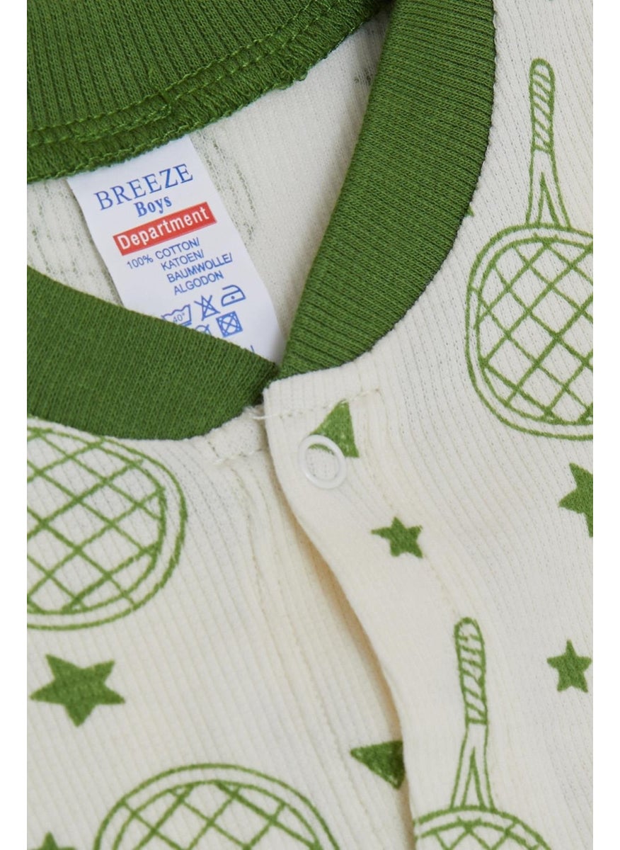 Baby Boy Booties Jumpsuit Sports Themed Racket Patterned 0-6 Months, Ecru