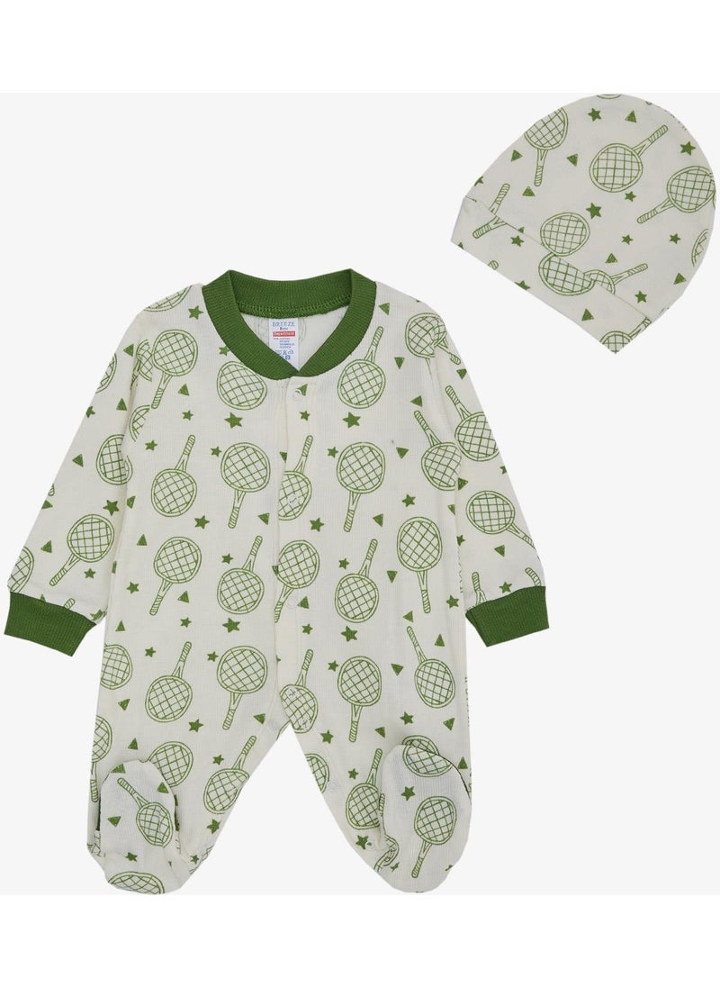 Baby Boy Booties Jumpsuit Sports Themed Racket Patterned 0-6 Months, Ecru