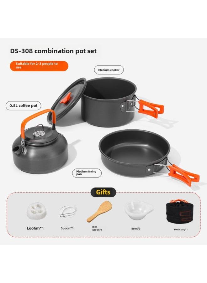 Outdoor Portable 2-3 Person Camping Stove Set Pan Picnic Cooking Utensils Non-stick Pan Teapot Combination Set With Tableware