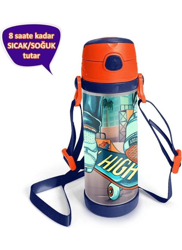 Kids Civit Neon Orange Skateboard Patterned Steel Thermos with Straw 500 ml 11923