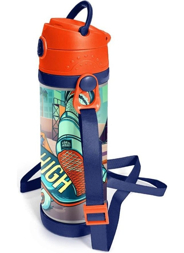 Kids Civit Neon Orange Skateboard Patterned Steel Thermos with Straw 500 ml 11923