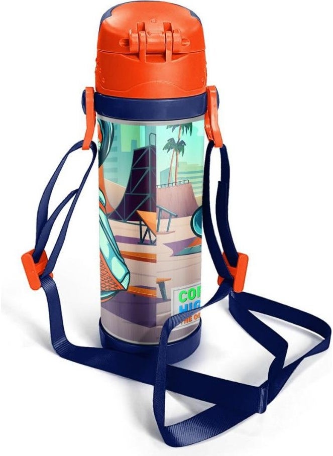 Kids Civit Neon Orange Skateboard Patterned Steel Thermos with Straw 500 ml 11923
