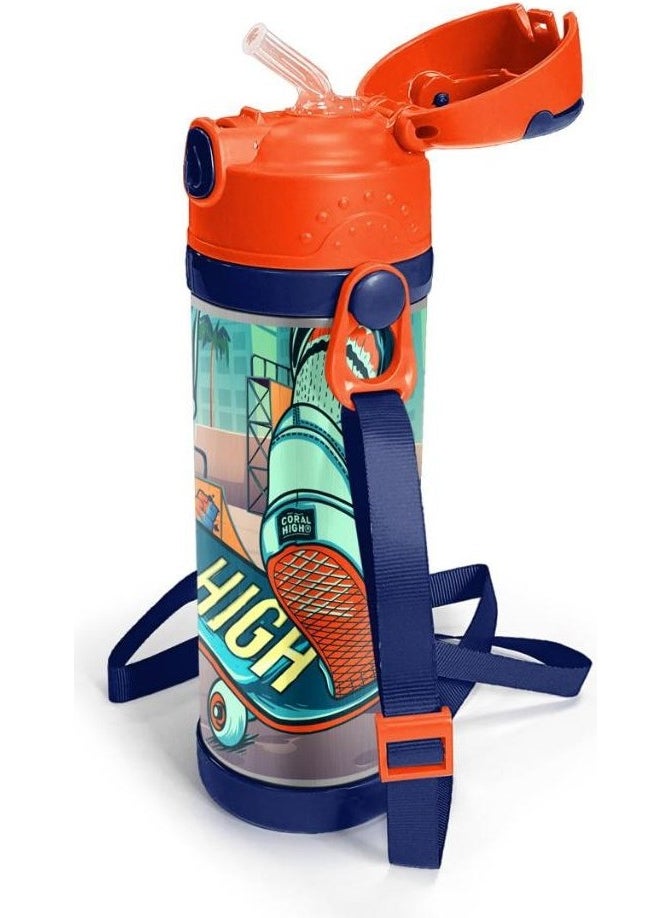 Kids Civit Neon Orange Skateboard Patterned Steel Thermos with Straw 500 ml 11923