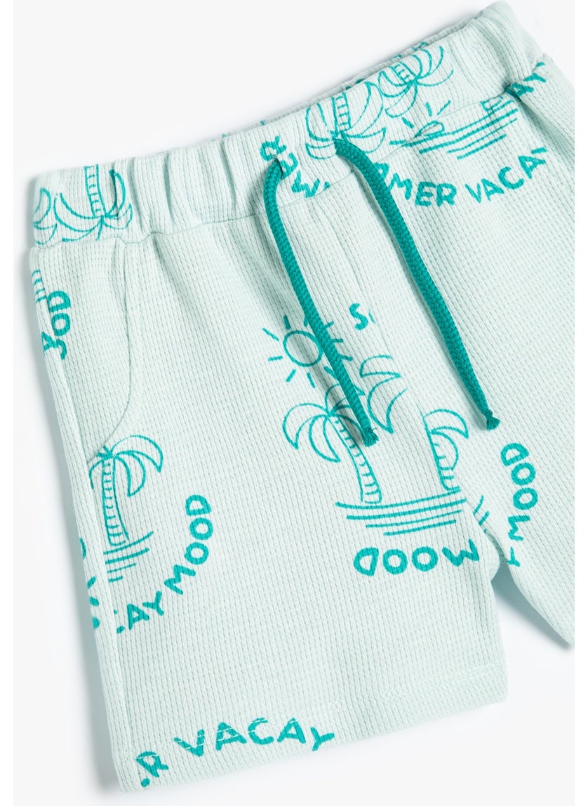 Cotton Shorts Palm Tree Printed Textured Cotton with Elastic Waist