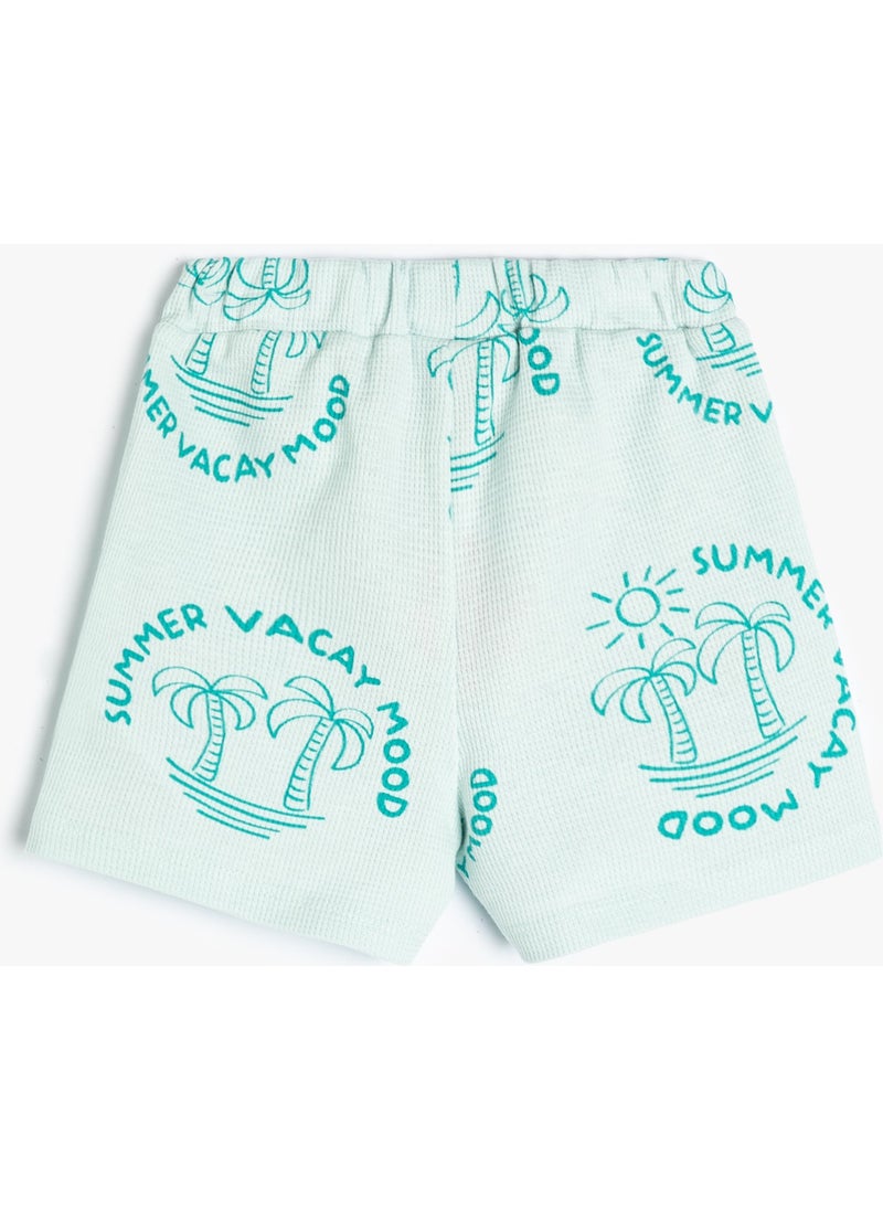 Cotton Shorts Palm Tree Printed Textured Cotton with Elastic Waist