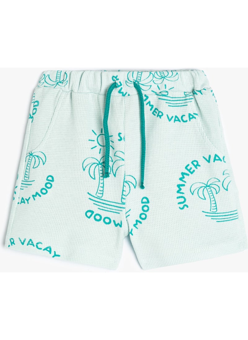 Cotton Shorts Palm Tree Printed Textured Cotton with Elastic Waist