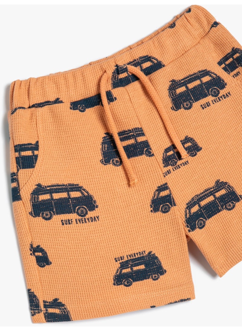 Cotton Shorts Textured Car Printed Tie Waist Pocket Cotton
