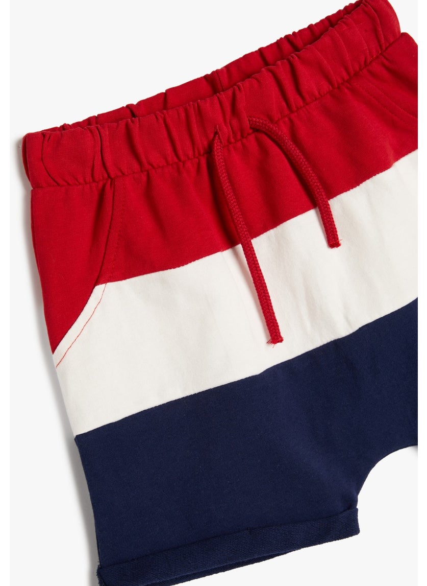 Cotton Shorts Tie Waist Color Block Pocket Cotton