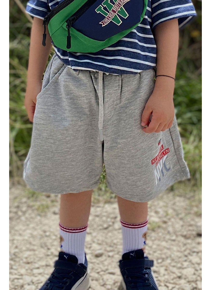 Girls & Boys Boy Shorts Text Printed Lace Up Pocket Age 3-7, Light Gray Melange