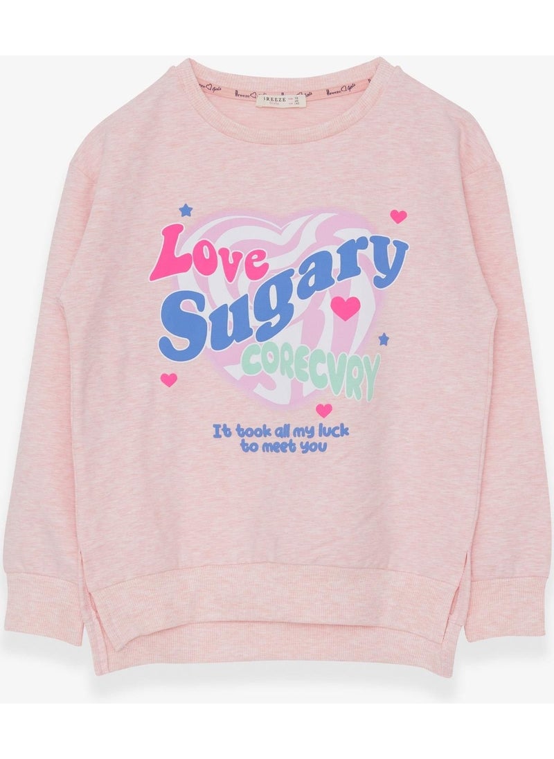 Girl's Sweatshirt with Text Printed Slits, Age 9-14, Salmon Melange