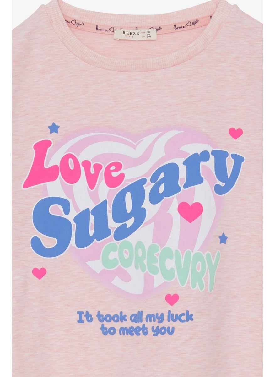 Girl's Sweatshirt with Text Printed Slits, Age 9-14, Salmon Melange