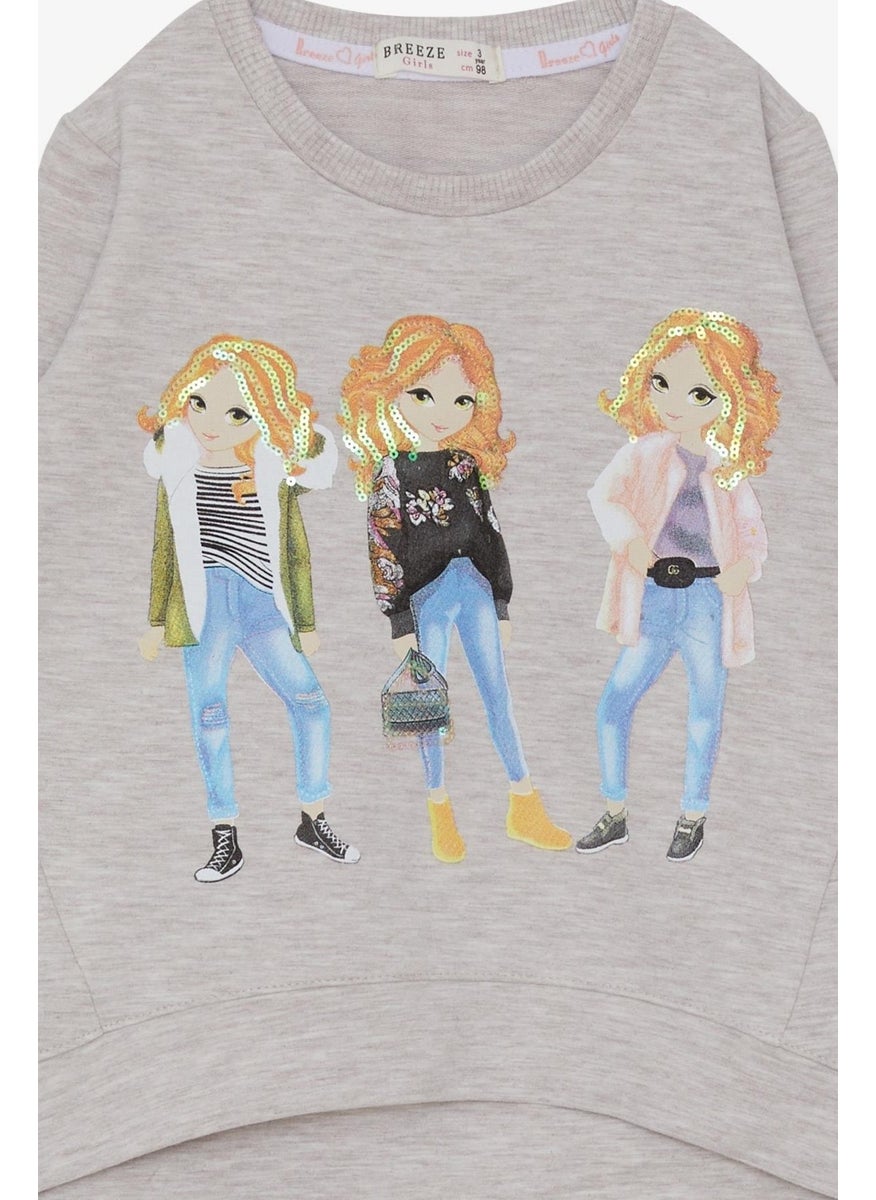 Girl's Sweatshirt Sequin Girl Printed 3-8 Years, Beige Melange