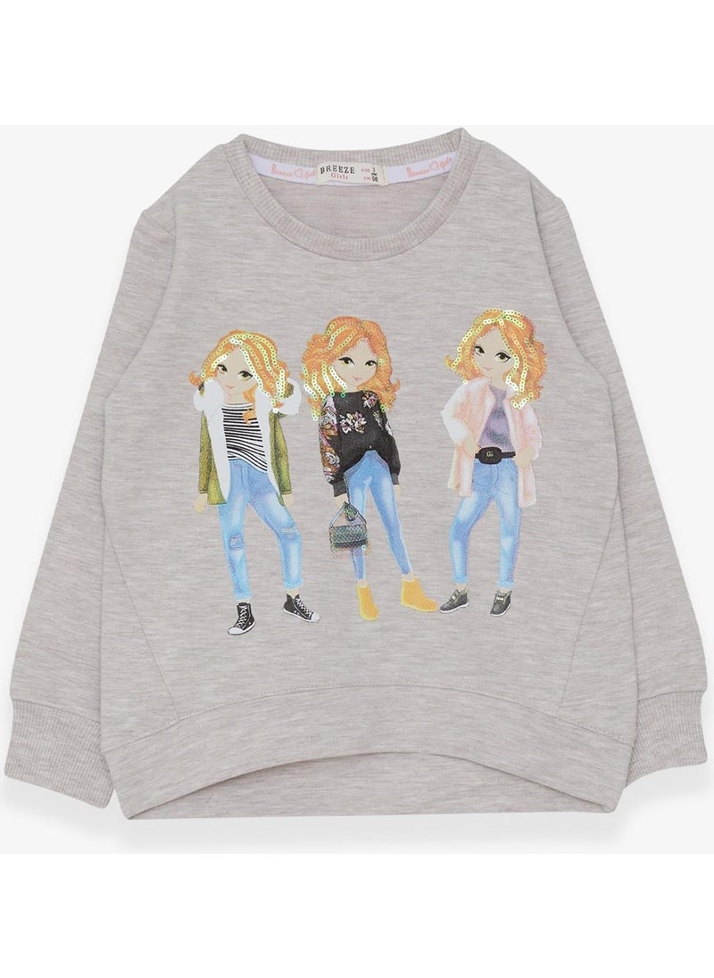 Girl's Sweatshirt Sequin Girl Printed 3-8 Years, Beige Melange