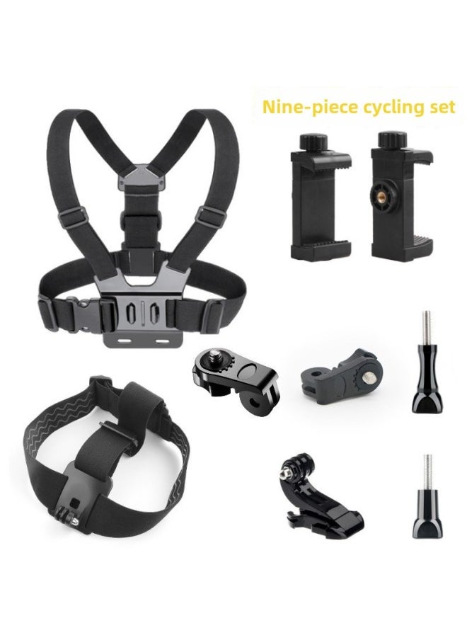 Head-mounted Mobile Phone Fixed Bracket Riding Diyi Person Shooting Bracket Live Sports Camera Motorcycle Riding Chest Strap-Colour:Chest Strap + Headband Nine-piece Set