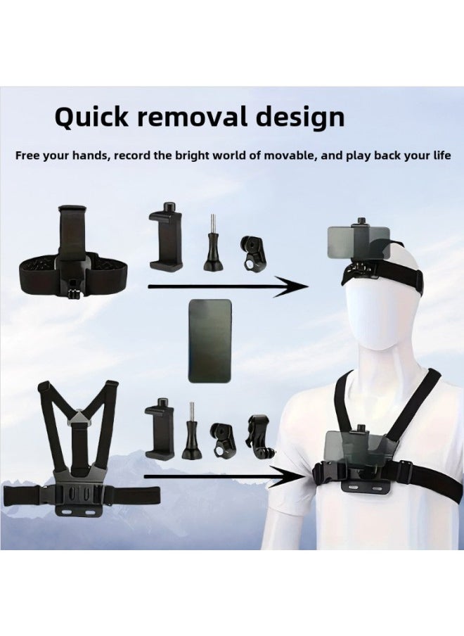 Head-mounted Mobile Phone Fixed Bracket Riding Diyi Person Shooting Bracket Live Sports Camera Motorcycle Riding Chest Strap-Colour:Chest Strap + Headband Nine-piece Set