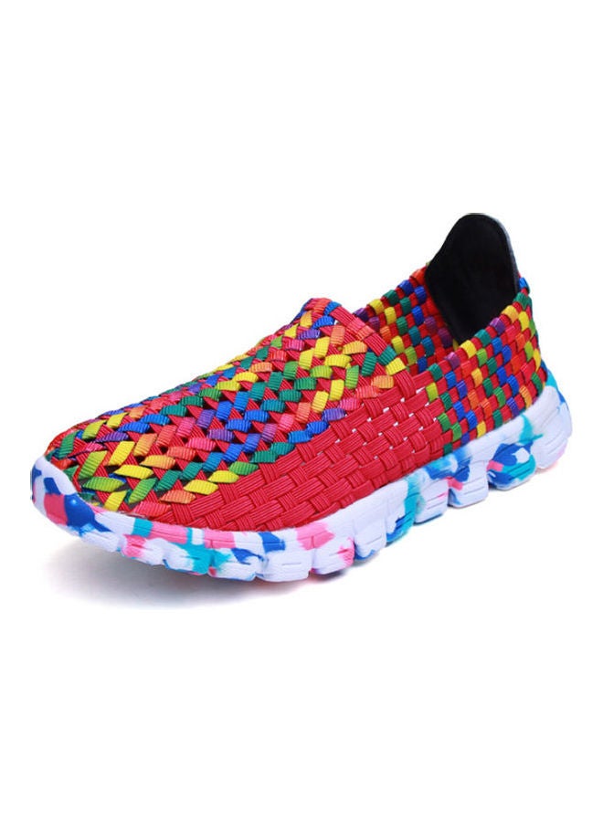 Mesh Detail Round Toe Slip-Ons Red/White/Yellow