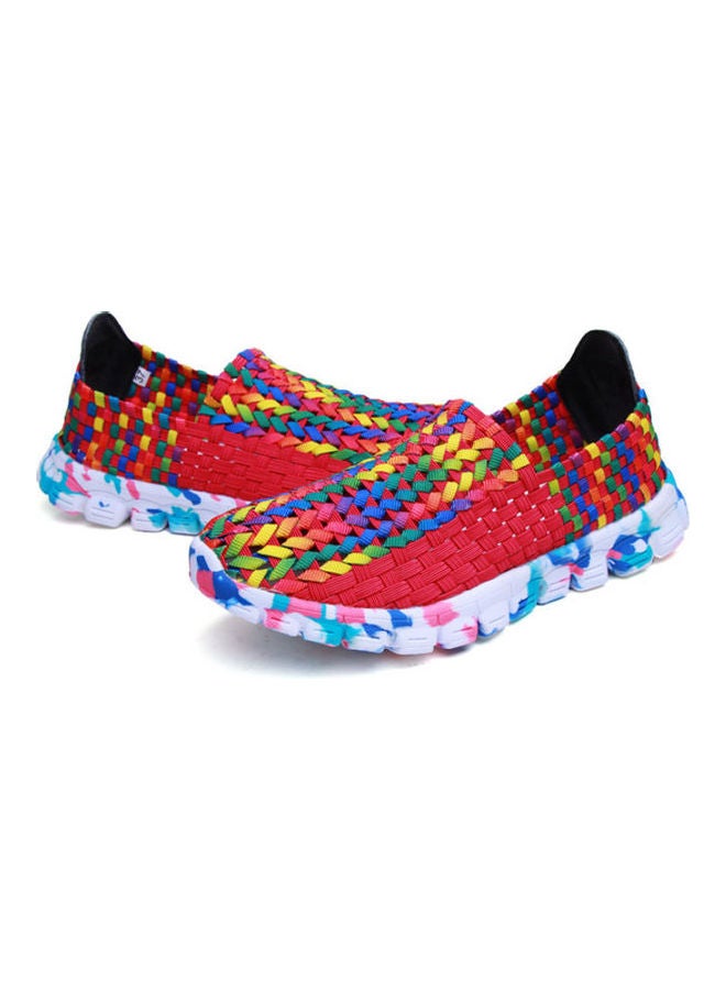 Mesh Detail Round Toe Slip-Ons Red/White/Yellow