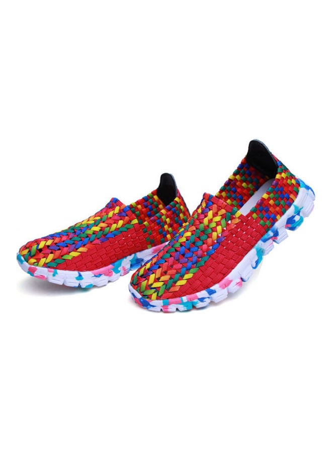 Mesh Detail Round Toe Slip-Ons Red/White/Yellow