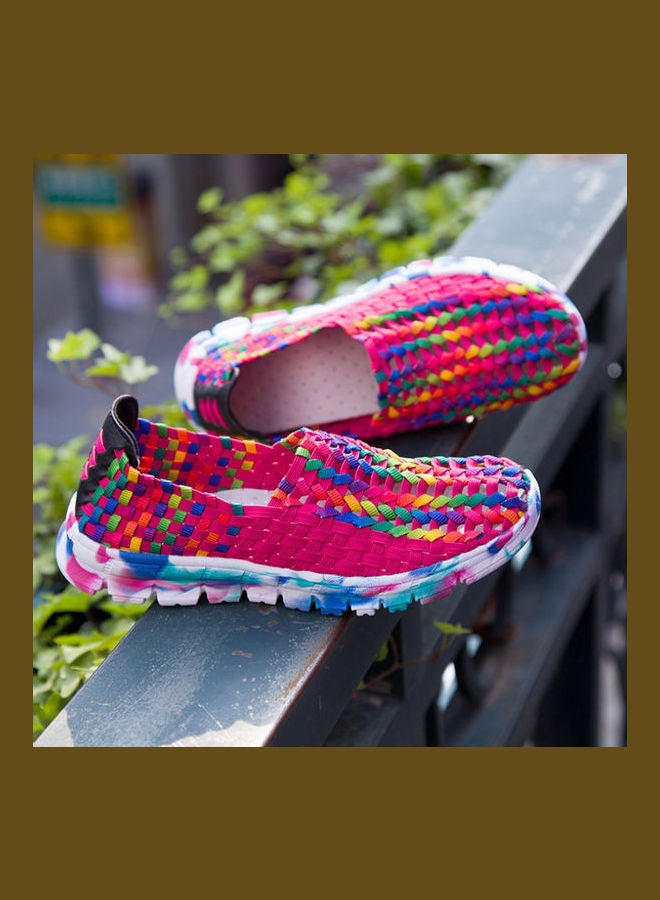 Mesh Detail Round Toe Slip-Ons Red/White/Yellow