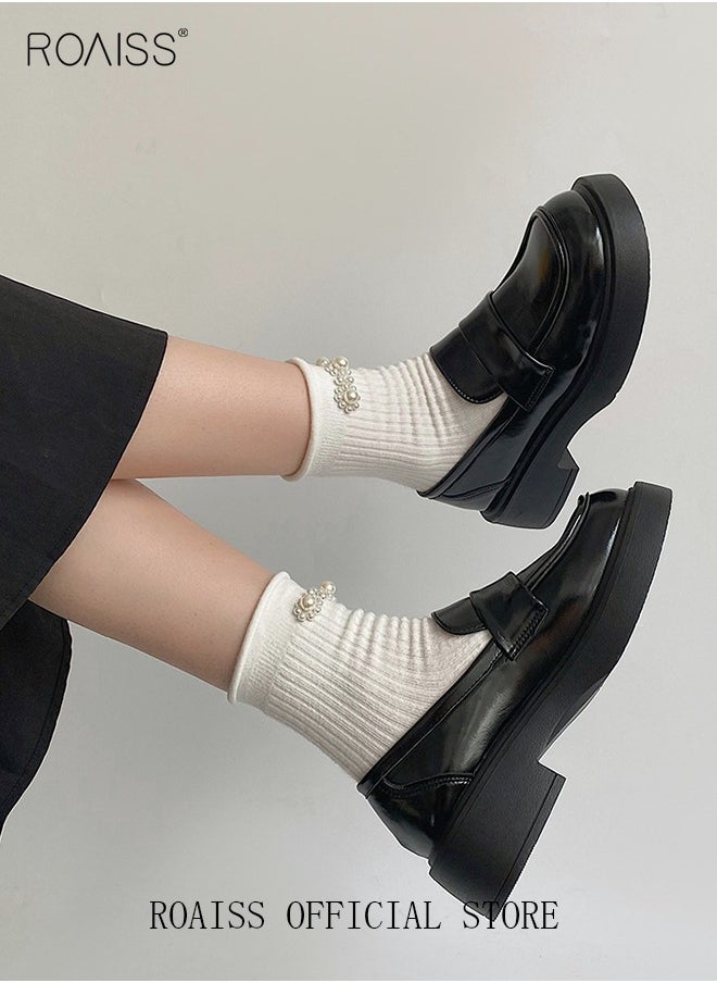 Women's Platform Smooth Leather Loafer Mary Jane Cowhide Leather Shoes with Thick Soles Women Retro Lolita Japanese JK Uniform Original Girl College Style