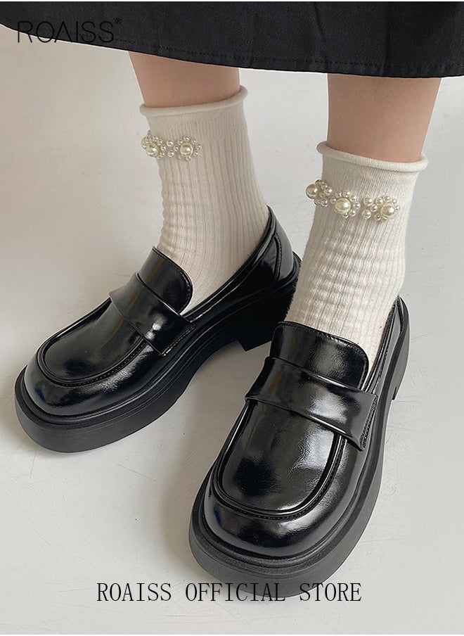 Women's Platform Smooth Leather Loafer Mary Jane Cowhide Leather Shoes with Thick Soles Women Retro Lolita Japanese JK Uniform Original Girl College Style