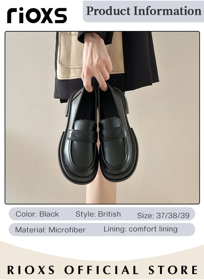 Women's Leather Chunky Platform Loafers Classic Round Toe Penny Shoes for Women to Wear Official Dressing for Business or Work