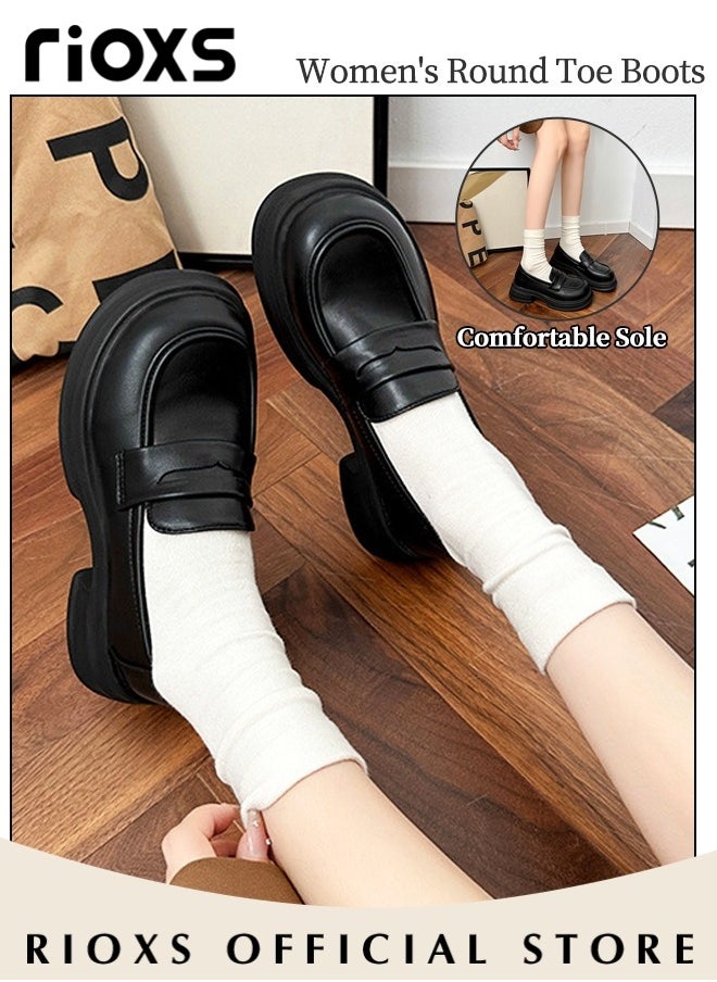 Women's Leather Chunky Platform Loafers Classic Round Toe Penny Shoes for Women to Wear Official Dressing for Business or Work