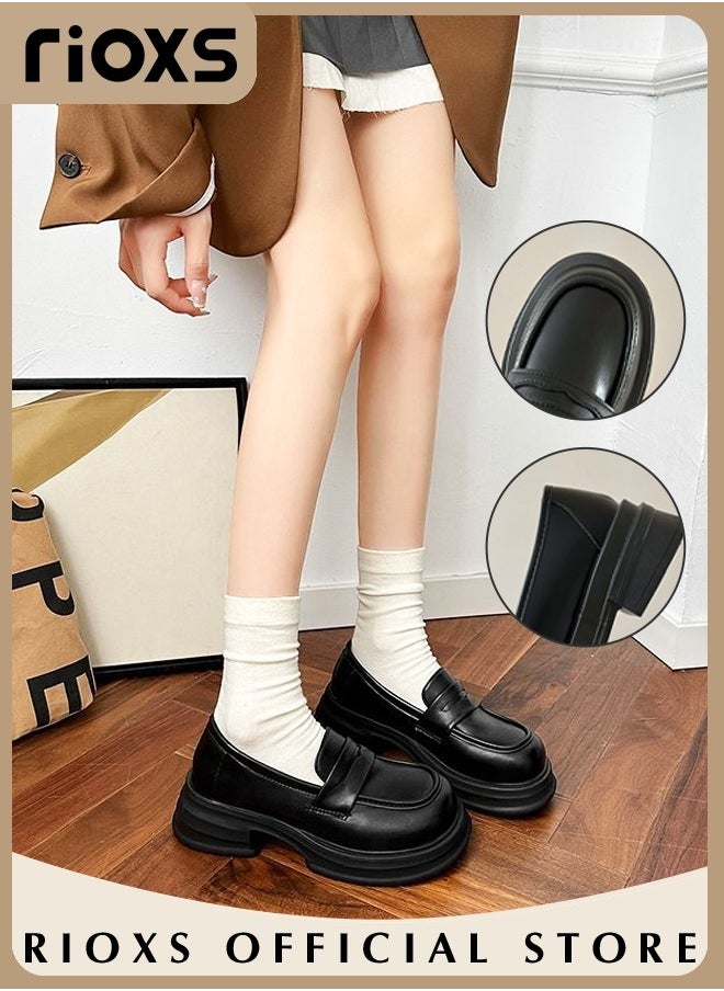 Women's Leather Chunky Platform Loafers Classic Round Toe Penny Shoes for Women to Wear Official Dressing for Business or Work