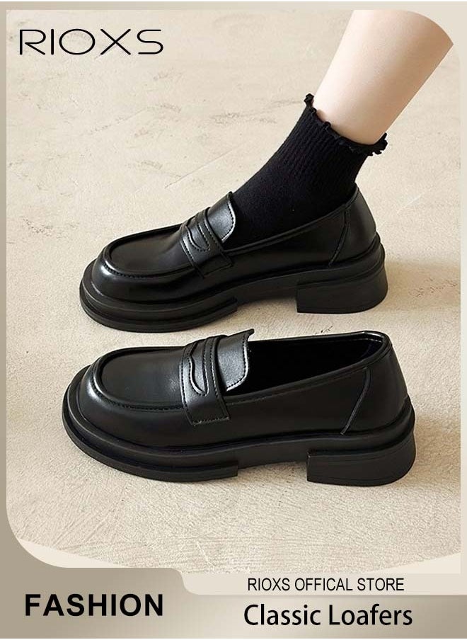 Women's Leather Chunky Platform Loafers Classic Round Toe Penny Shoes for Women to Wear Official Dressing for Business or Work