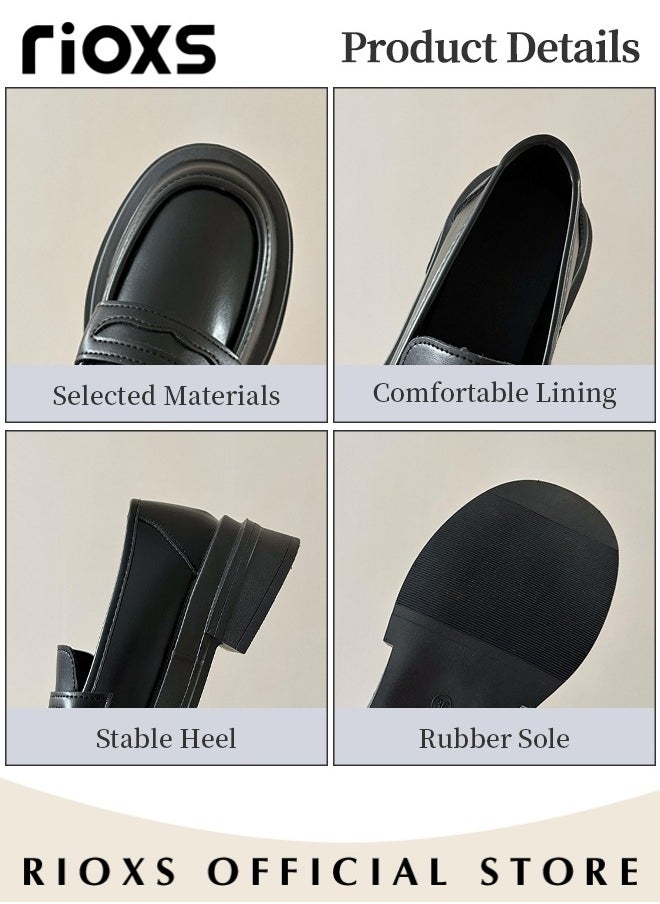 Women's Leather Chunky Platform Loafers Classic Round Toe Penny Shoes for Women to Wear Official Dressing for Business or Work