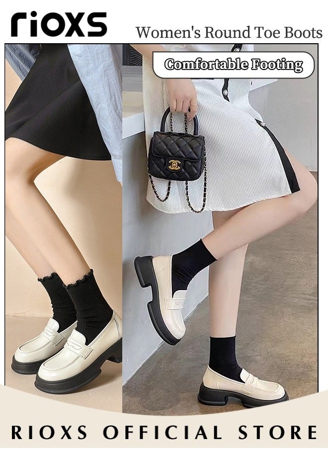 Women's Leather Chunky Loafers, Classic Slip-on Round-toe Shoes with Stable Outsole and Chunky Mid-heel, Crafted from Smooth Leather, Versatile Enough to Suit Various Occasions