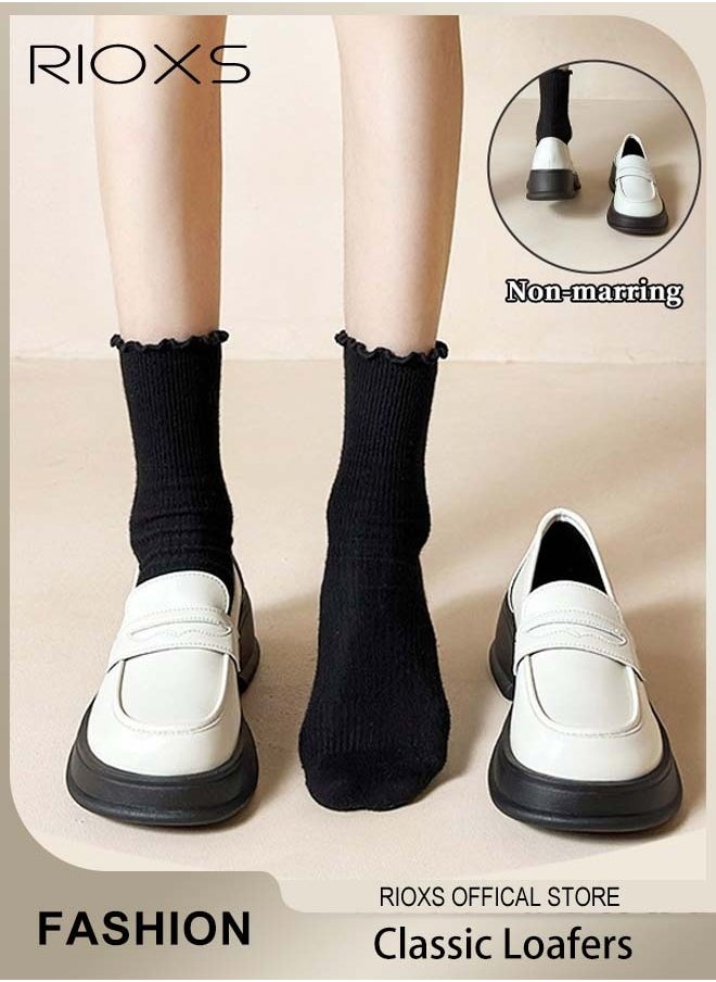 Women's Leather Chunky Loafers, Classic Slip-on Round-toe Shoes with Stable Outsole and Chunky Mid-heel, Crafted from Smooth Leather, Versatile Enough to Suit Various Occasions