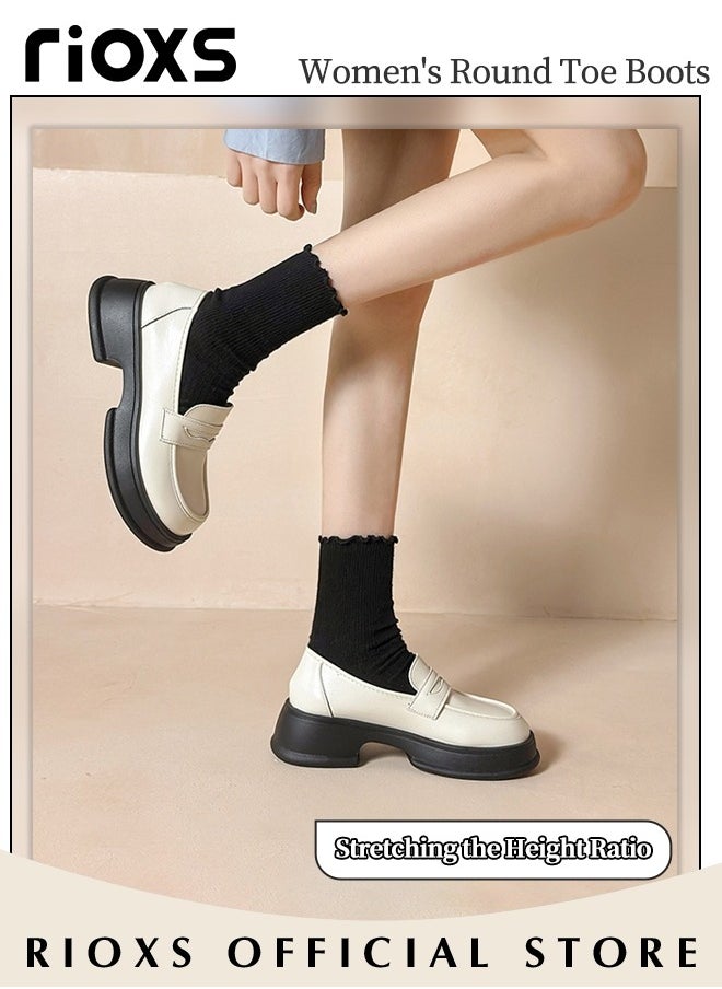 Women's Leather Chunky Loafers, Classic Slip-on Round-toe Shoes with Stable Outsole and Chunky Mid-heel, Crafted from Smooth Leather, Versatile Enough to Suit Various Occasions