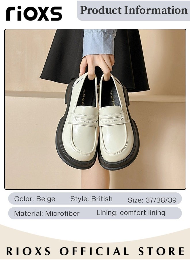 Women's Leather Chunky Loafers, Classic Slip-on Round-toe Shoes with Stable Outsole and Chunky Mid-heel, Crafted from Smooth Leather, Versatile Enough to Suit Various Occasions