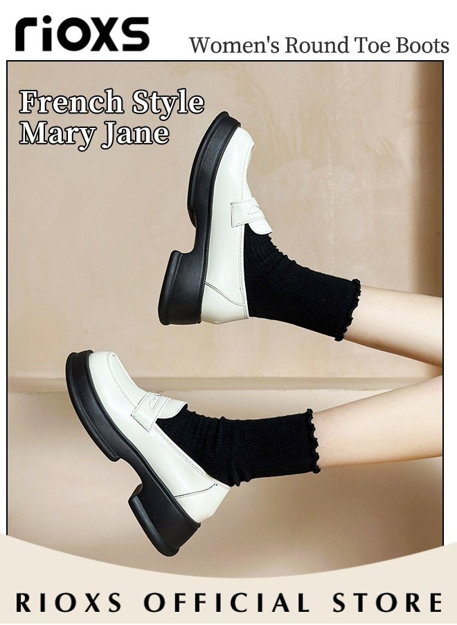 Women's Leather Chunky Loafers, Classic Slip-on Round-toe Shoes with Stable Outsole and Chunky Mid-heel, Crafted from Smooth Leather, Versatile Enough to Suit Various Occasions
