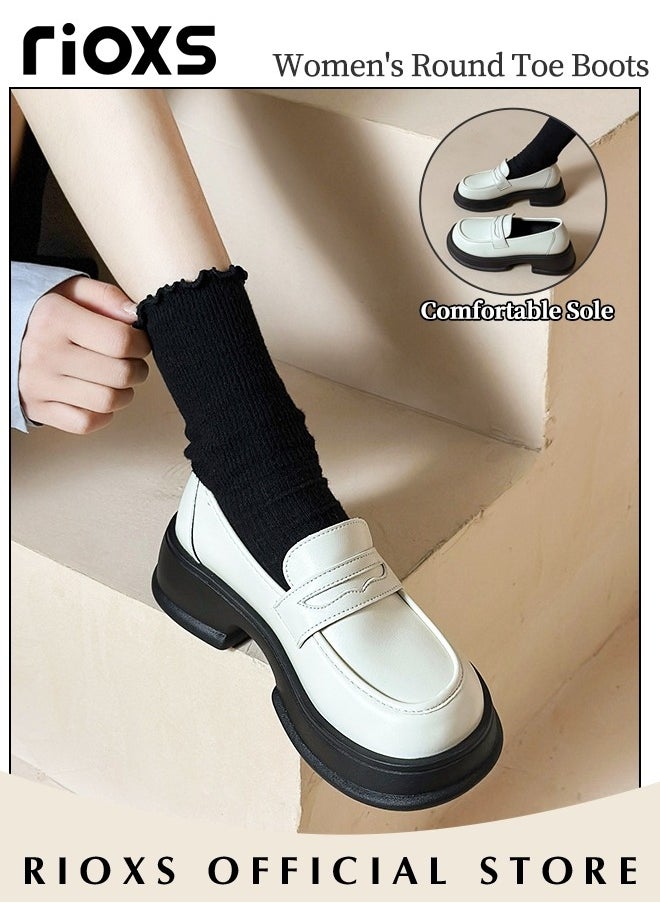 Women's Leather Chunky Loafers, Classic Slip-on Round-toe Shoes with Stable Outsole and Chunky Mid-heel, Crafted from Smooth Leather, Versatile Enough to Suit Various Occasions