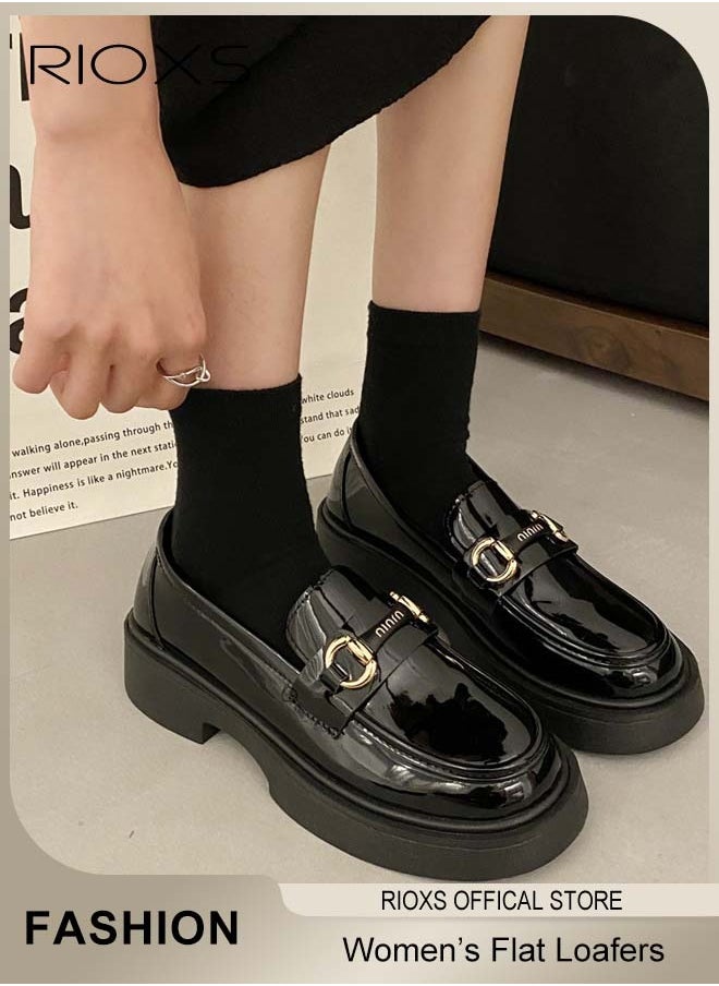 Women's Casual Loafers Shoes, Closed Square Heel Thick Sole Leather Shoes, Fashion Versatile Slip-On Shoes, Ladies Flat Loafers, Women Shoes Penny Loafers For Daily Business Work Wear, Comfort Dress Shoes for Women