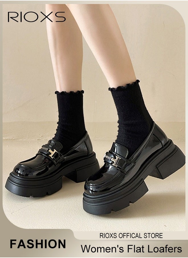 Women's Casual Loafers Shoes, Closed Square Heel Thick Sole Leather Shoes, Fashion Versatile Slip-On Shoes, Ladies Flat Loafers, Women Shoes Penny Loafers For Daily Business Work Wear, Comfort Dress Shoes for Women