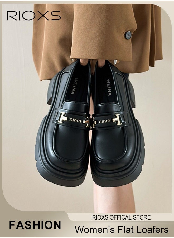 Women's Casual Loafers Shoes, Closed Square Heel Thick Sole Leather Shoes, Fashion Versatile Slip-On Shoes, Ladies Flat Loafers, Women Shoes Penny Loafers For Daily Business Work Wear, Comfort Dress Shoes for Women
