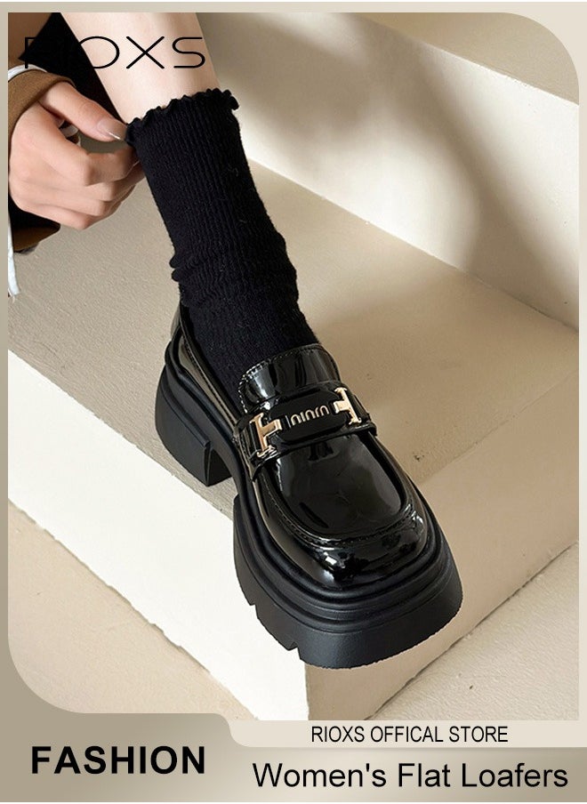 Women's Casual Loafers Shoes, Closed Square Heel Thick Sole Leather Shoes, Fashion Versatile Slip-On Shoes, Ladies Flat Loafers, Women Shoes Penny Loafers For Daily Business Work Wear, Comfort Dress Shoes for Women