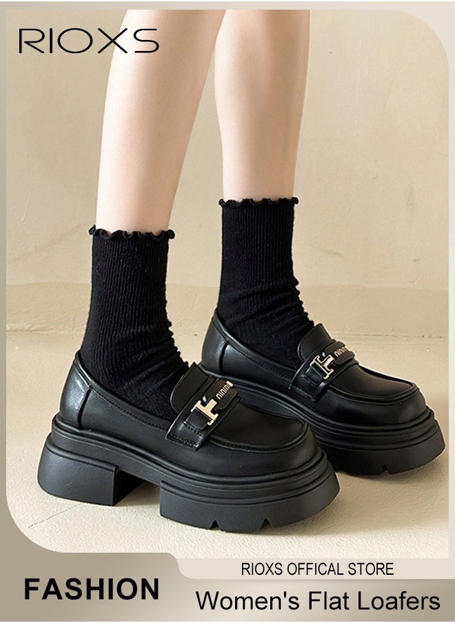 Women's Casual Loafers Shoes, Closed Square Heel Thick Sole Leather Shoes, Fashion Versatile Slip-On Shoes, Ladies Flat Loafers, Women Shoes Penny Loafers For Daily Business Work Wear, Comfort Dress Shoes for Women