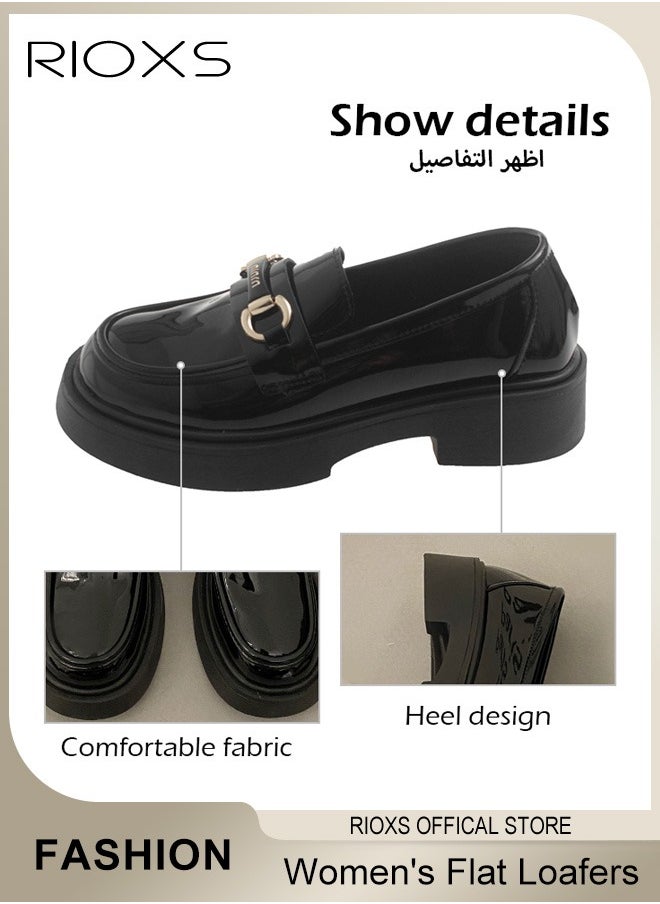 Women's Casual Loafers Shoes, Closed Square Heel Thick Sole Leather Shoes, Fashion Versatile Slip-On Shoes, Ladies Flat Loafers, Women Shoes Penny Loafers For Daily Business Work Wear, Comfort Dress Shoes for Women
