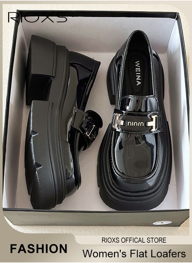 Women's Casual Loafers Shoes, Closed Square Heel Thick Sole Leather Shoes, Fashion Versatile Slip-On Shoes, Ladies Flat Loafers, Women Shoes Penny Loafers For Daily Business Work Wear, Comfort Dress Shoes for Women