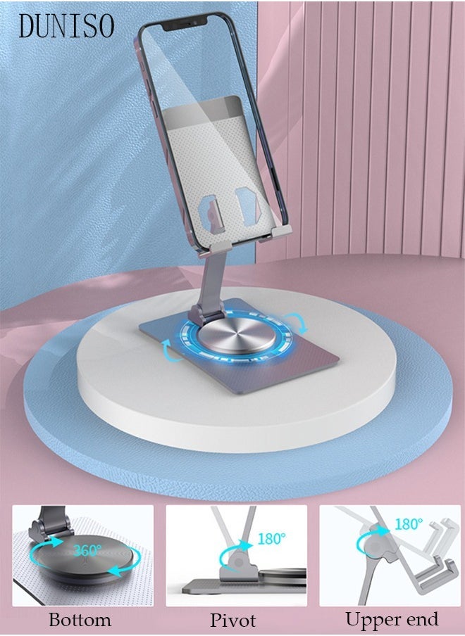 Foldable Phone Stand for Desk Height Adjustable Cell Phone Holder Portable Cellphone Cradle Desktop Dock with 360° rotation base for iPhone iPad Smartphone