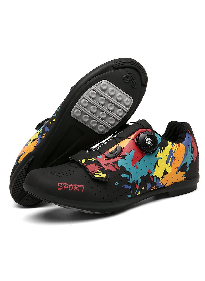 Unisex Mountain Bike Riding Shoes Graffiti Hard Bottom Dynamic Single Bicycle Shoes No Lock Road Bike Shoes Cycling Footwear Black rubber sole
