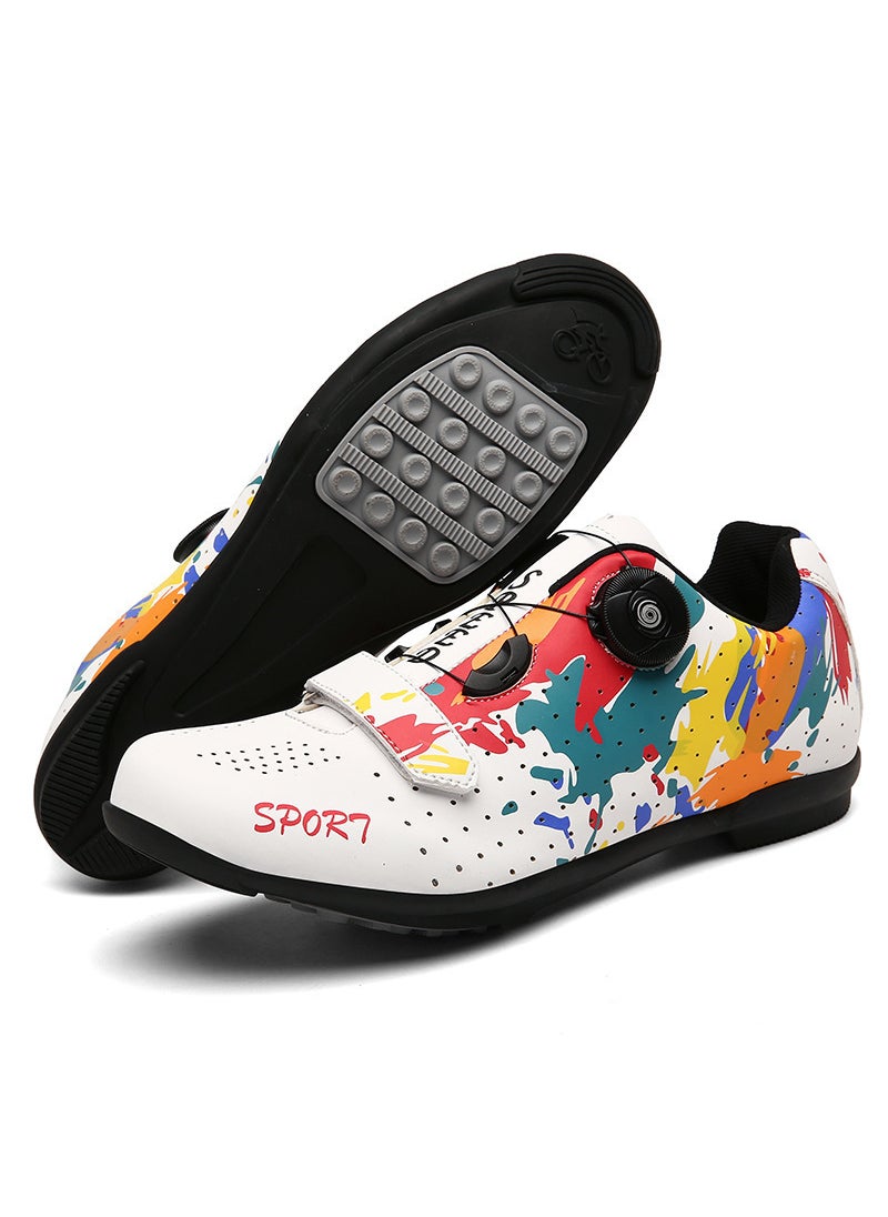 Unisex Mountain Bike Riding Shoes Graffiti Hard Bottom Dynamic Single Bicycle Shoes No Lock Road Bike Shoes Cycling Footwear White rubber sole